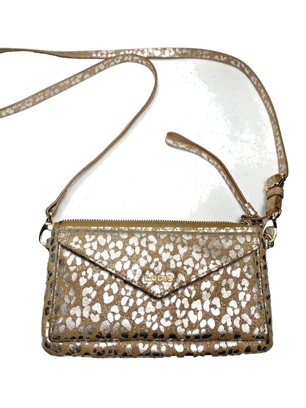 Lodis Metallic Leopard Print Silver Tan Crossbody Bag Leather Purse 8" x 4.5"